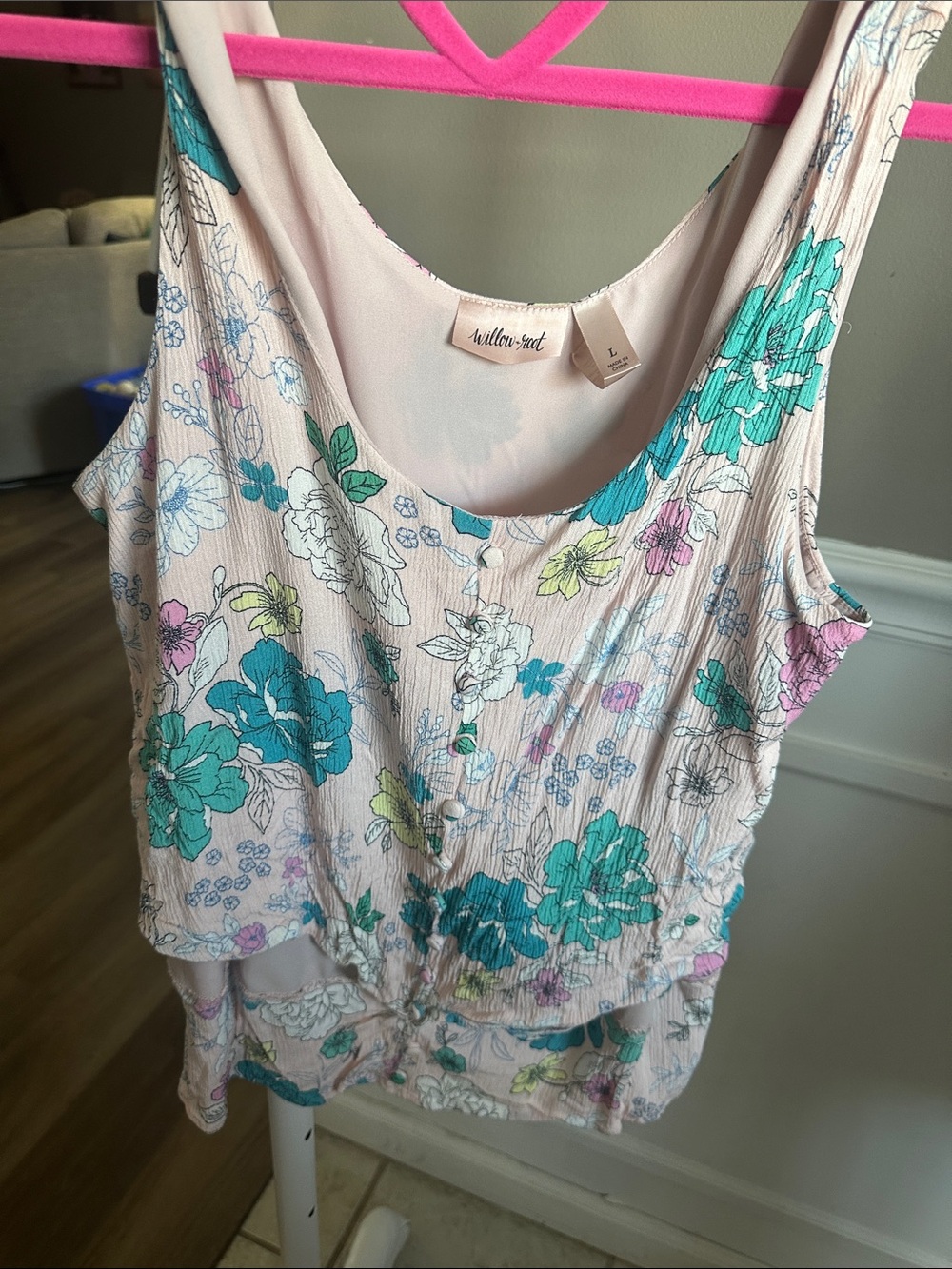 Millea-Sweet Floral Scoop Tank Top - Light Pink with Teal Flowers
